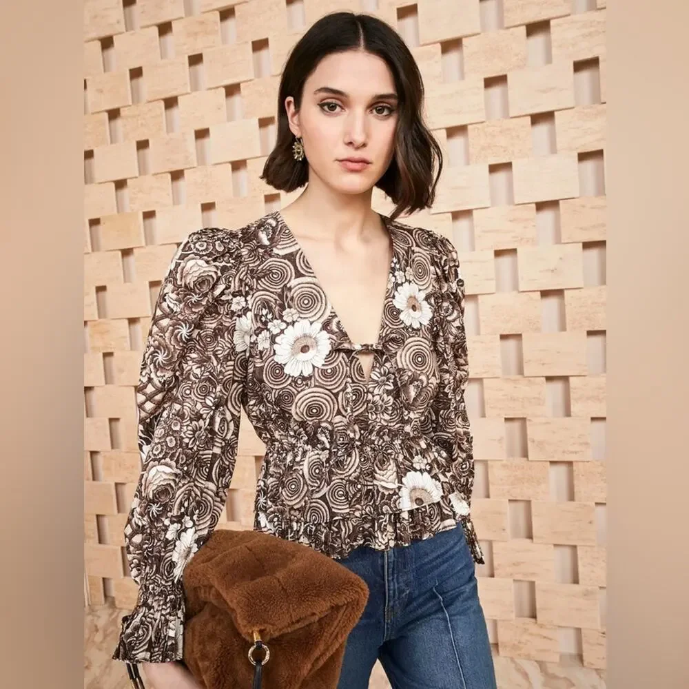 Ulla Johnson Brown Floral Cotton Peplum Blouse Puff Sleeve Boho Romantic Size 4
